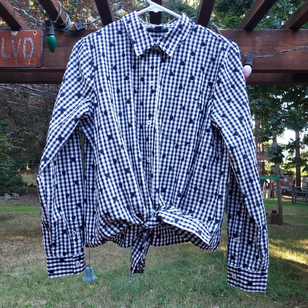 Tommy Hilfiger Polka Dot and Checkered Button Down Top With Tie - M